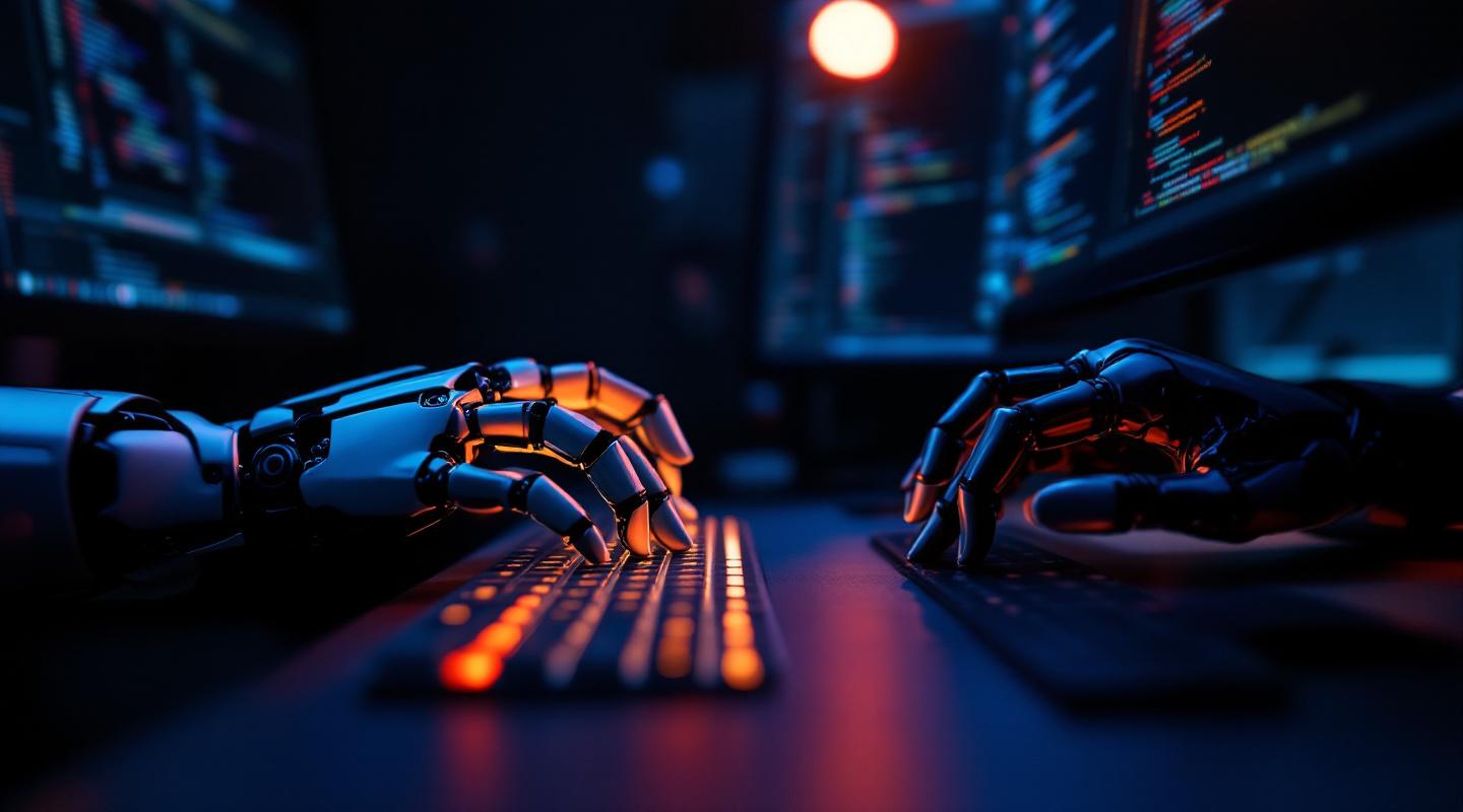 A robotic hand and a human hand both typing on the same keyboard, code visible on dual monitors.