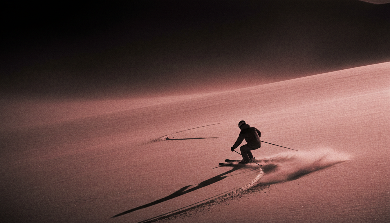 A lone skier carving a clean committed turn down a steep piste, shot from behind in a red-and-black duotone palette, the AI slope metaphor for controlled speed.