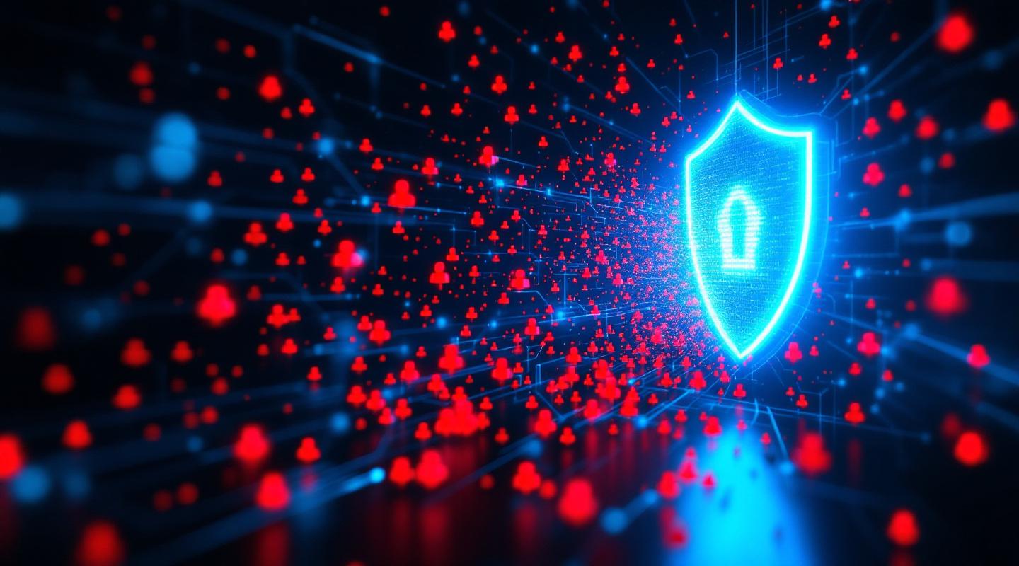 Thousands of red bot icons swarming toward a glowing blue web application shield in a dark network.