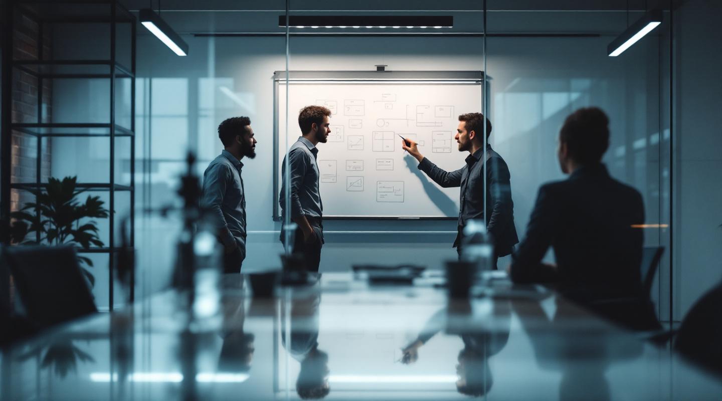A small development team at a whiteboard in a glass-walled meeting room, wireframes visible.