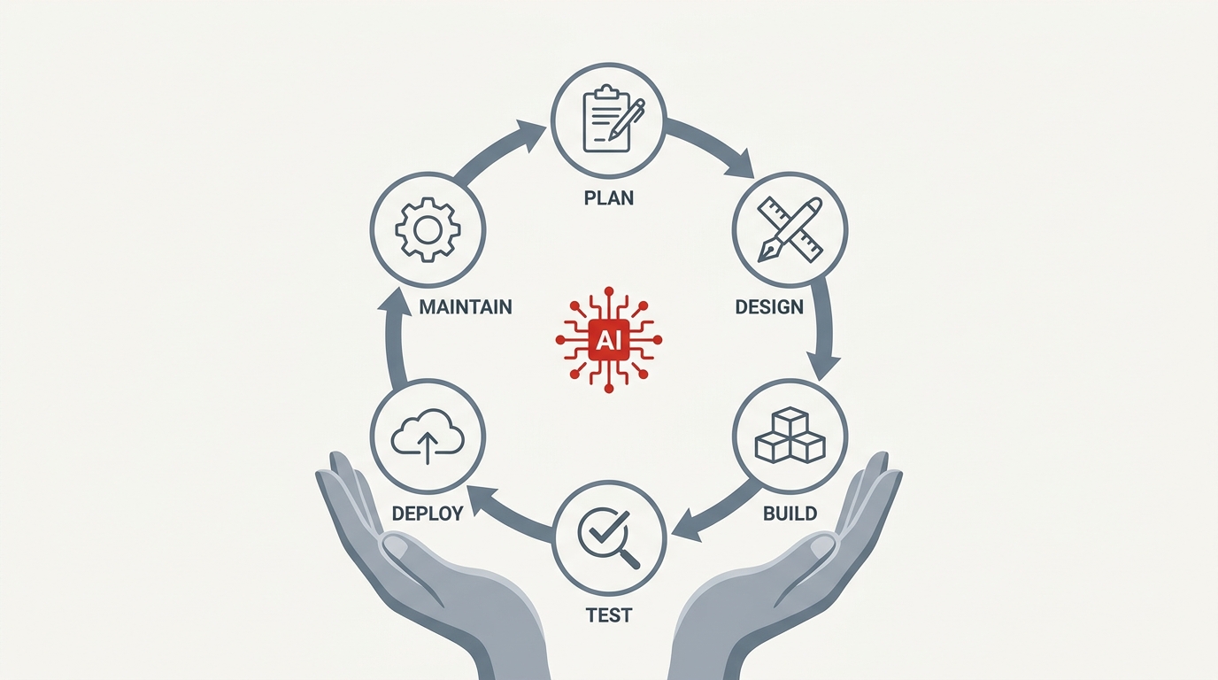 The well-known software development lifecycle — plan, design, build, test, deploy, maintain — running as a cycle, with a central AI assisting every stage and two hands cradling the whole loop to show human-in-the-loop oversight.