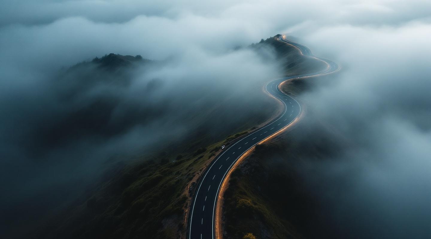 Aerial view of a winding road disappearing into thick mountain fog — the uncertainty of software estimation.