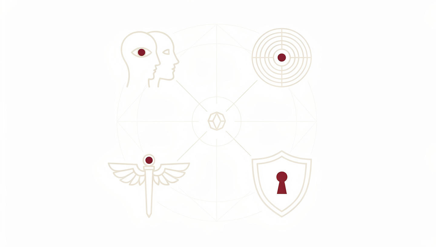 Four minimalist line-art emblems arranged on a faint compass grid, a two-faced silhouette, a concentric-rings target, a winged caduceus-style staff, and a shield with a keyhole, each with a single crimson accent, rendered in uniform cream line-work on white.