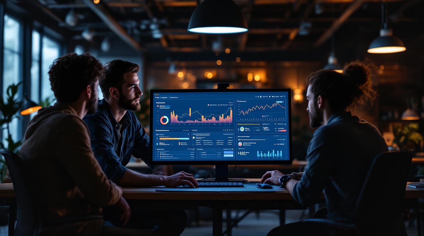 Developer team reviewing a custom internal dashboard together in a collaborative office space.