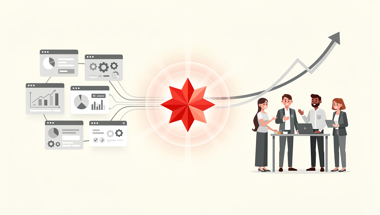 A simple flow: the tools a business uses feed into AI, which lifts team productivity.