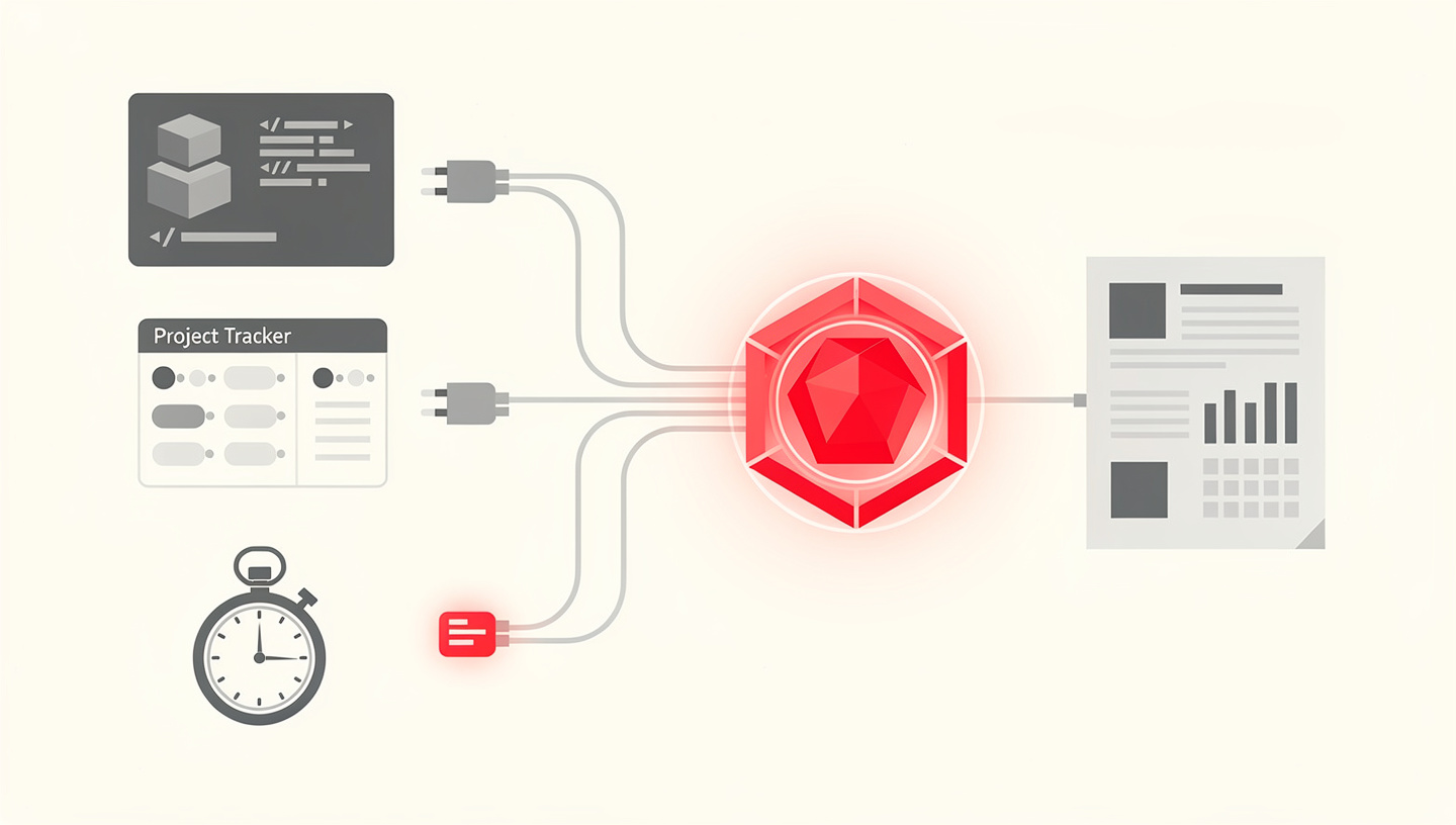 A code repository and project tracker, already connected by standard links, and a time tracker connected by a single new custom red connector, all feeding a central AI that outputs an automatic report.