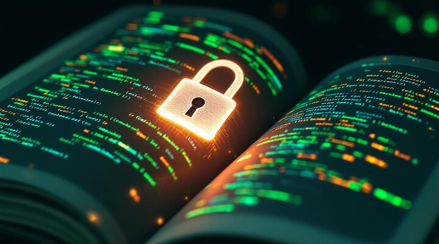 An open book with glowing code text overlaid on its pages and a luminous padlock at the centre.