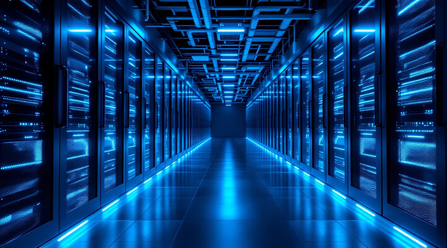 A long server rack corridor bathed in cool blue light — the infrastructure decision ahead.