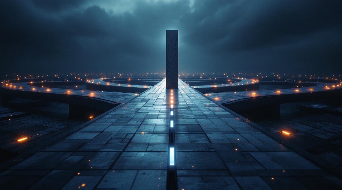 A single monolithic stone tower standing at the centre of a ring of distributed amber lights in the dark.
