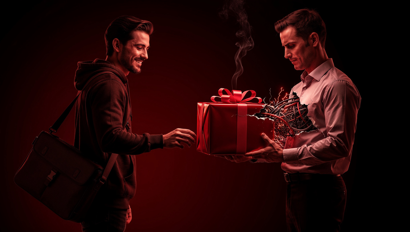 A casual developer in a hoodie hands a glossy red gift-wrapped parcel to a businessperson. The buyer's side of the parcel is tearing open, exposed wires and sparks escaping, a thin curl of smoke rising — the developer's side still looks pristine.