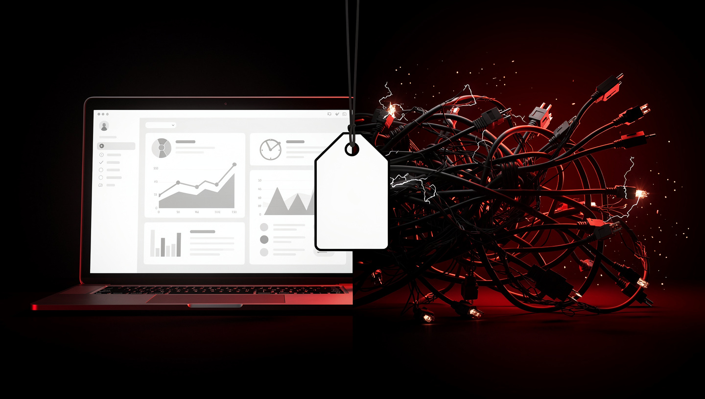 A polished product demo screen on the left, a tangled live wire harness on the right, both labelled with the same price tag — the visual metaphor for what gets sold vs. what gets shipped.